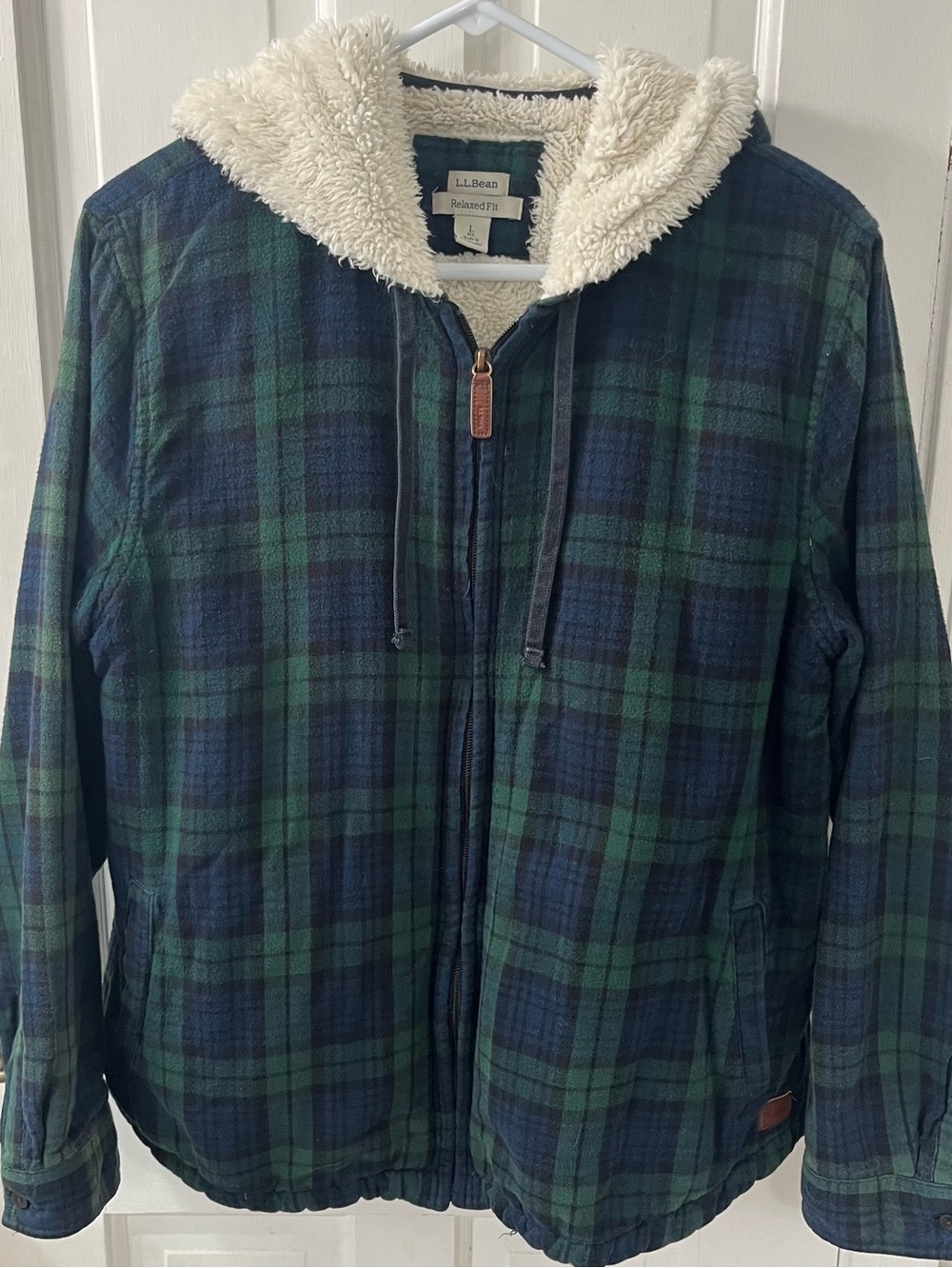 LL Bean Black Watch Plaid Flannel Sherpa Hoodie Shirt Jacket Womens L